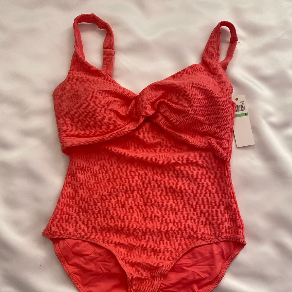 ANNE COLE Dream Weaver Twist Front Keyhole One Piece Swimsuit sz 8 Melon 17553